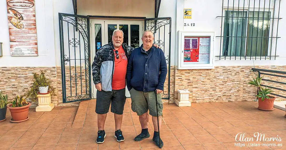 Jim and Alan stood outside San Marino restaurant at Pinar de Campoverde. 